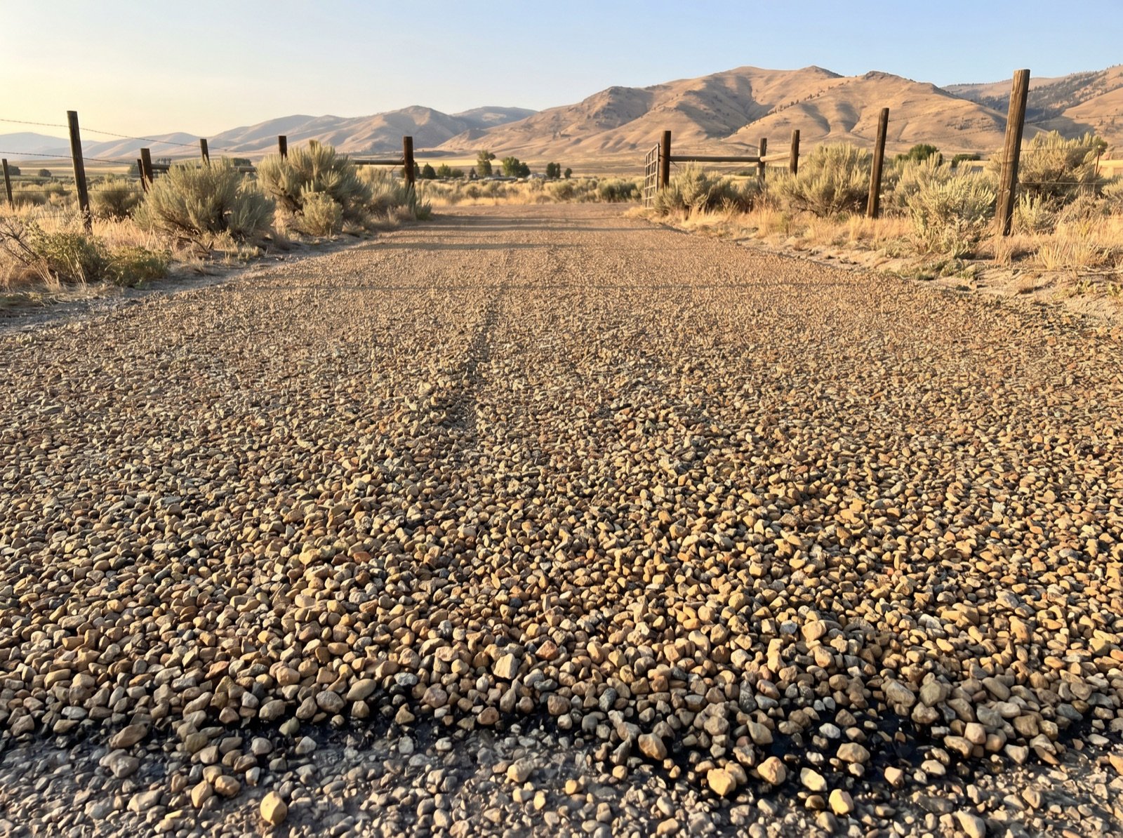 Freshly chip-sealed rural driveway with a textured stone finish