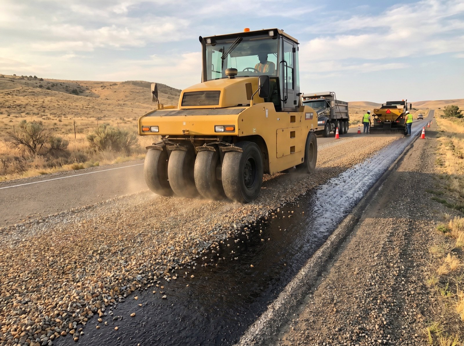 Modern pneumatic roller compacting fresh chip seal on a rural Idaho road